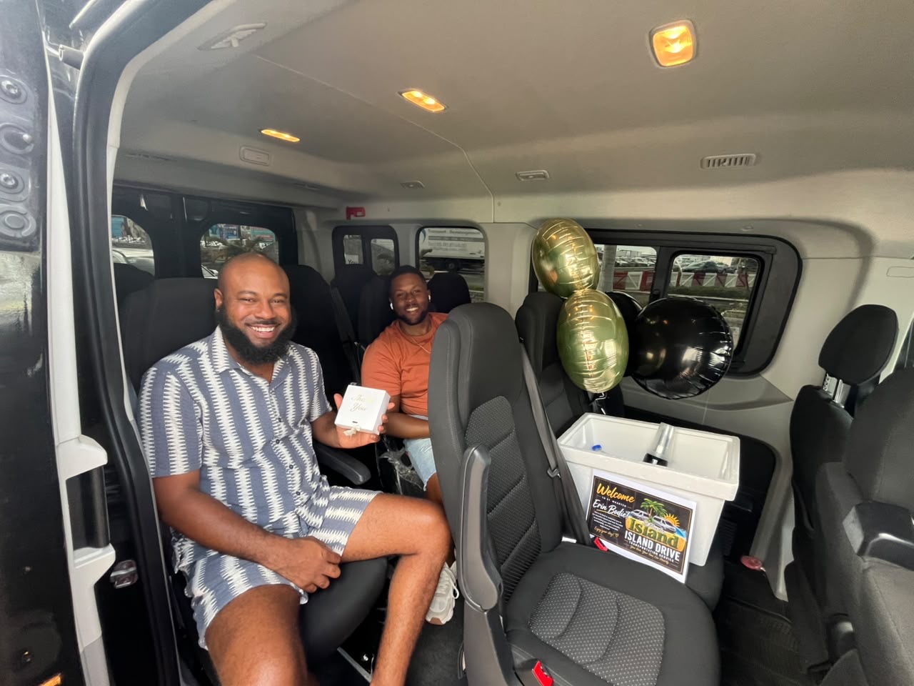 Balloons, a cooler of cold drinks and a welcome card on board.